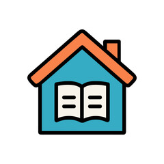 Book within a houseshaped window. Icon symbol illustration
