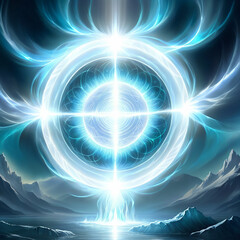 Radiant energy sphere glowing above icy landscape with luminous blue accents and swirling patterns radiating from a central point towards the surrounding dark mountains and water.