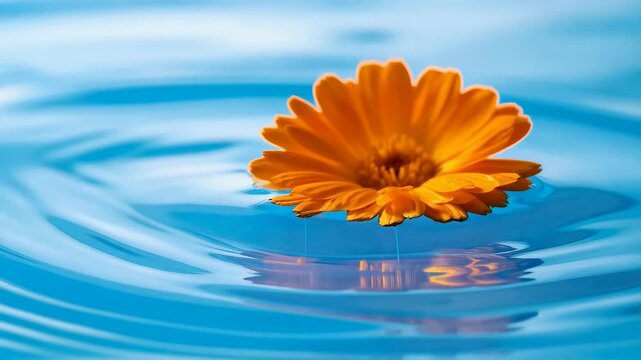 Isolated orange flower floating serenely on rippling blue water surface, creating concentric circles and a sense of calm.