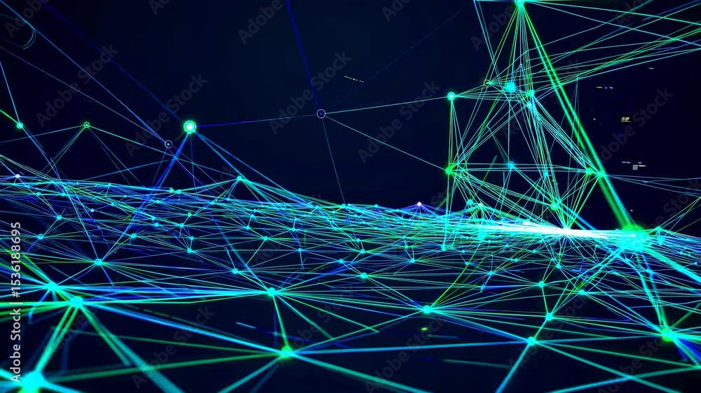 Poster dynamic low-angle shot of interconnected neon lines forming a digital network, resembling a futurist
