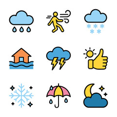 Obraz premium Weather forecast icons displaying various conditions. Icon symbol illustration