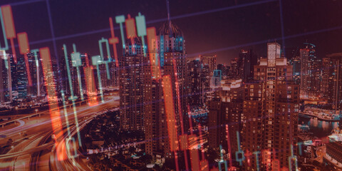 forex chart on cityscape with skyscrapers wallpaper double exposure. financial research concept.