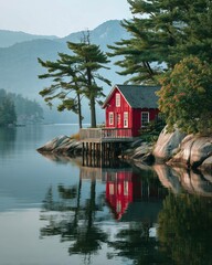 Red cabin house on the lake with trees and mountains on the background