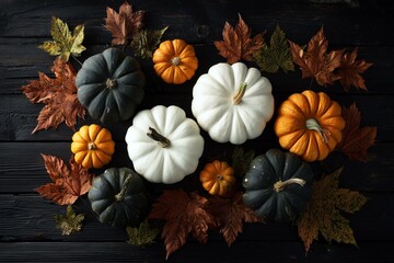 Orange, white and dark green pumpkins and autumn leaves on the wooden table background