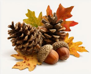 Autumn still  life pine cones, acorns and oak leaves isolated on white