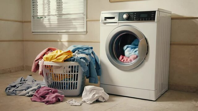 A modern laundry room with a washing machine, laundry basket, and neatly folded towels, symbolizing household chores and clean living. Ideal for home decor or lifestyle themes.