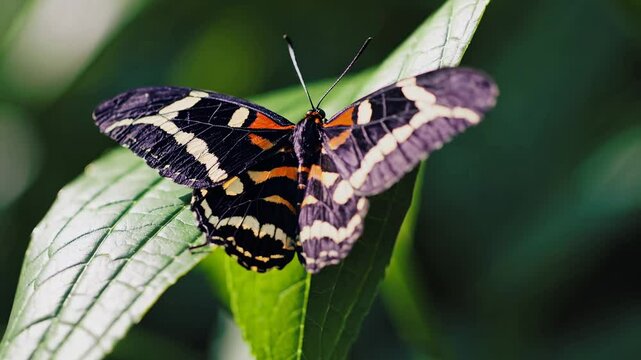 Close-up video shot of a butterfly with vibrant patterns on a leaf, captured from a top-down angle, highlighting its intricate wing details.