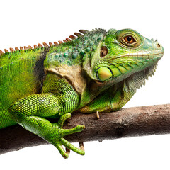 Fototapeta premium Iguana on tree branch with tail curled, isolated on transparent background