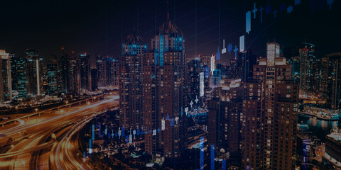 forex chart on cityscape with skyscrapers wallpaper double exposure. financial research concept.