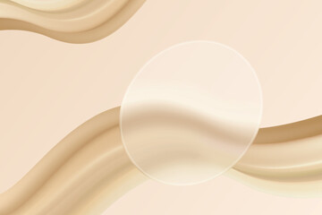 Aesthetic Soft Fluid Waveform On Pastel Beige Background With Round Glassmorphism Frame. Minimal Aesthetic Design Vector Illustration For E-commerce, Beauty, Cosmetic, Fashion, Web, UI, Etc.