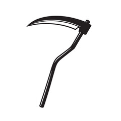 A simple and ominous silhouette illustration of a scythe depicted in a flat black design on a plain white backdrop.
