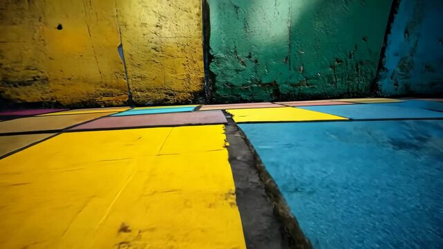 Colorful, weathered tiles form a vibrant, textured surface.  The top row shows vertical stripes of varying hues, while the bottom displays square tiles in complementary shades.