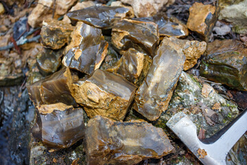A pile of broken chalcedony stones found during a search for cutting raw materials, central Russia