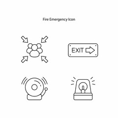 Fire emergency icon set containing an evacuation point icon, an exit sign, a bell, and an alarm, outline icon set on a white background.