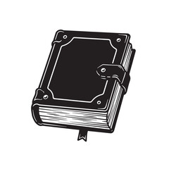 An illustrative black and white silhouette of a classic leather bound book with a tab and embedded bookmark, perfect for fantasy themes.