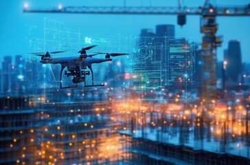 Drone scanning a digital blueprint over a smart construction zone, city skyline
