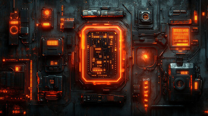 Futuristic cyberpunk technology concept with sci-fi circuits on weathered metal, glowing orange neon lines, and high-tech urban engineering vibe.