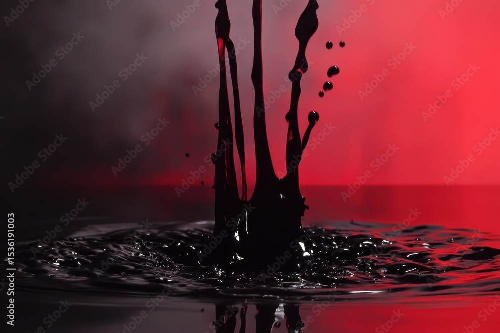 Poster fluid splashes into dark area with red lighting during developing process in photography, photo deve