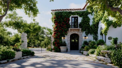 Obraz premium A centuries-old stone cottage covered in ivy turning crimson and gold