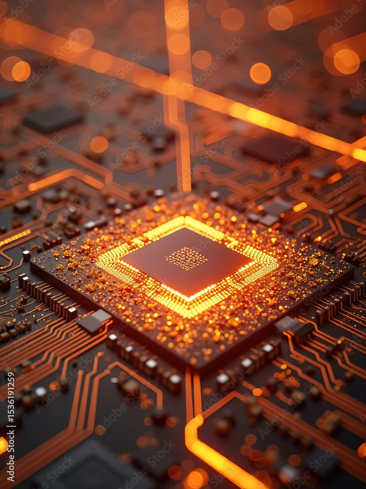 Poster closeup of orange computer chip and glowing circuit, bokeh effect, vertical composition. technology 