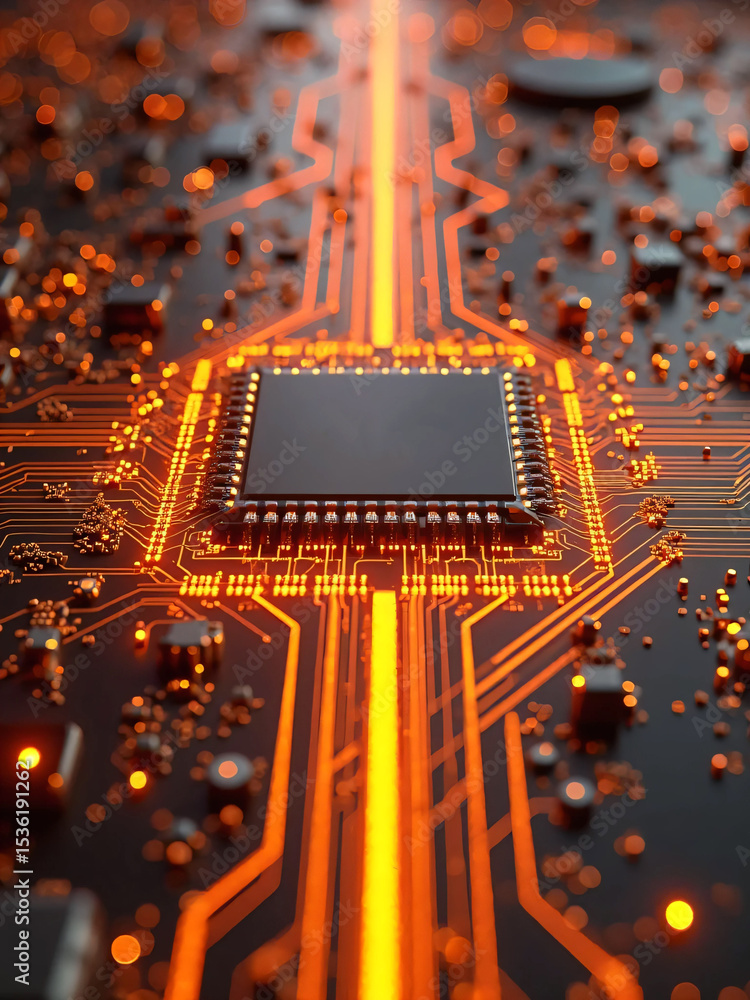 Poster closeup of orange computer chip and glowing circuit, bokeh effect, vertical composition. technology 