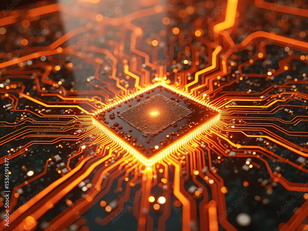 Poster closeup of orange computer chip and glowing circuit, bokeh effect, horizontal composition. technolog