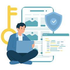 Software Development Illustration. Vector illustration of A man sits with a laptop while working on secure web development with key and shield icons in the background. Isolated on background