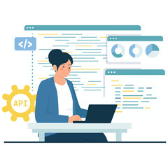 Software Development Illustration. Vector illustration of A female developer works with multiple code windows and API gear icon to integrate systems. Isolated on background