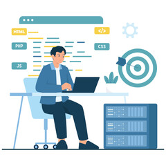 Software Development Illustration. Vector illustration of A programmer writes code with HTML, CSS, PHP, and JS tags displayed on screen. Isolated on background