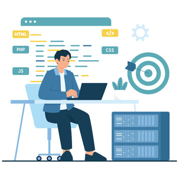 Software Development Illustration. Vector illustration of A programmer writes code with HTML, CSS, PHP, and JS tags displayed on screen. Isolated on background