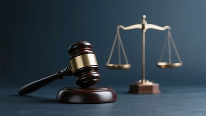 The gavel and the balance are in the same frame, symbolizing judicial justice and conveying the majesty of the law and the balance of order.