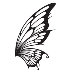 Elegant black and white silhouette depicting the detailed structure of a butterfly wing isolated on white background