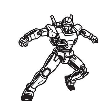 Dynamic black and white silhouette illustration of a futuristic mecha robot in an energetic action pose