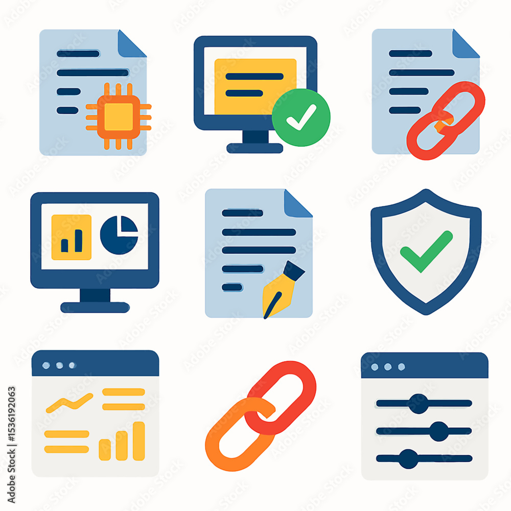 Poster collection of flat design icons representing technology, data, security, and connectivity concepts.