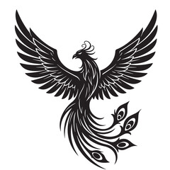 Obraz premium Elegant silhouette of a majestic phoenix bird displaying its wings in graceful flight against a clean white background