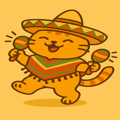 A cheerful cartoon cat holds maracas and dances energetically, wearing a sombrero and a colorful poncho. Its funky and cute style adds vibrancy to the vector illustration.