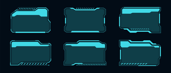 Futuristic HUD or UI elements. Sci-fi user interface text boxes, callouts. Warning message frame, information boxes template. Modern game interface layout, digital style. Vector illustration