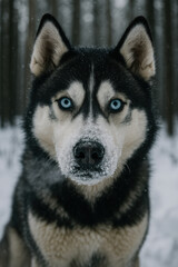 Obraz premium Siberian husky with striking blue eyes standing in a snowy winter forest, alert and focused in the cold outdoors