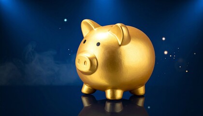 Golden piggy bank on reflective surface with blue background and sparkles