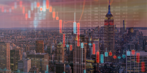 forex chart on cityscape with skyscrapers wallpaper double exposure. financial research concept.