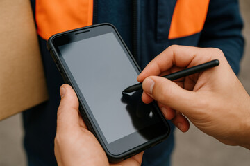Courier delivering package as customer signs for receipt on digital tablet using stylus during contactless parcel delivery service