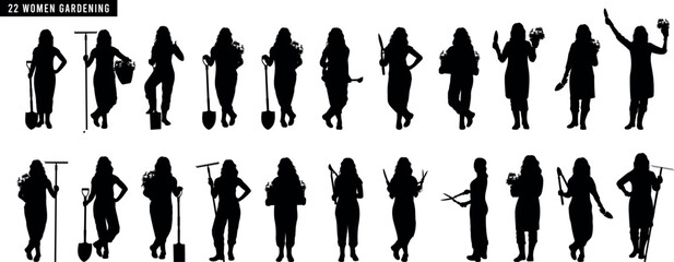 Collection of vector silhouettes of women doing gardening activities. Planting, watering, harvesting, and caring for plants in a minimalist and elegant style.