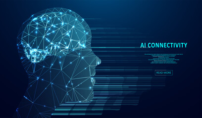 Artificial Intelligence illustration of brain. Machine learning concept. Abstract glowing brain connections. Particles liquid dynamic flow. Graphic concept for your design