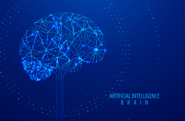 Artificial Intelligence illustration of brain. Machine learning concept. Abstract glowing brain connections. Particles liquid dynamic flow. Graphic concept for your design