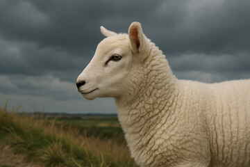 Fototapeta premium White lamb standing outdoors on grassy hillside beneath cloudy sky, displaying thick wool and calm expression in natural environment
