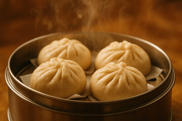 Freshly steamed chinese baozi buns in bamboo basket with visible steam rising, traditional asian cuisine on warm wooden background