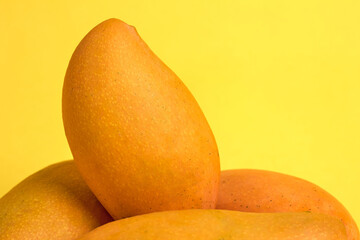 Close-up of fresh, ripe mangoes arranged on a bright yellow background