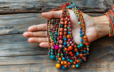 Vibrant Beaded Necklaces Handcrafted Jewelry Colorful Gems Wooden Background Boho Style