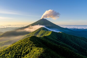 A mountain with a volcano on top and a cloud of smoke rising from it