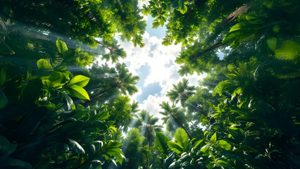Looking up at a tropical forest canopy with sun rays
